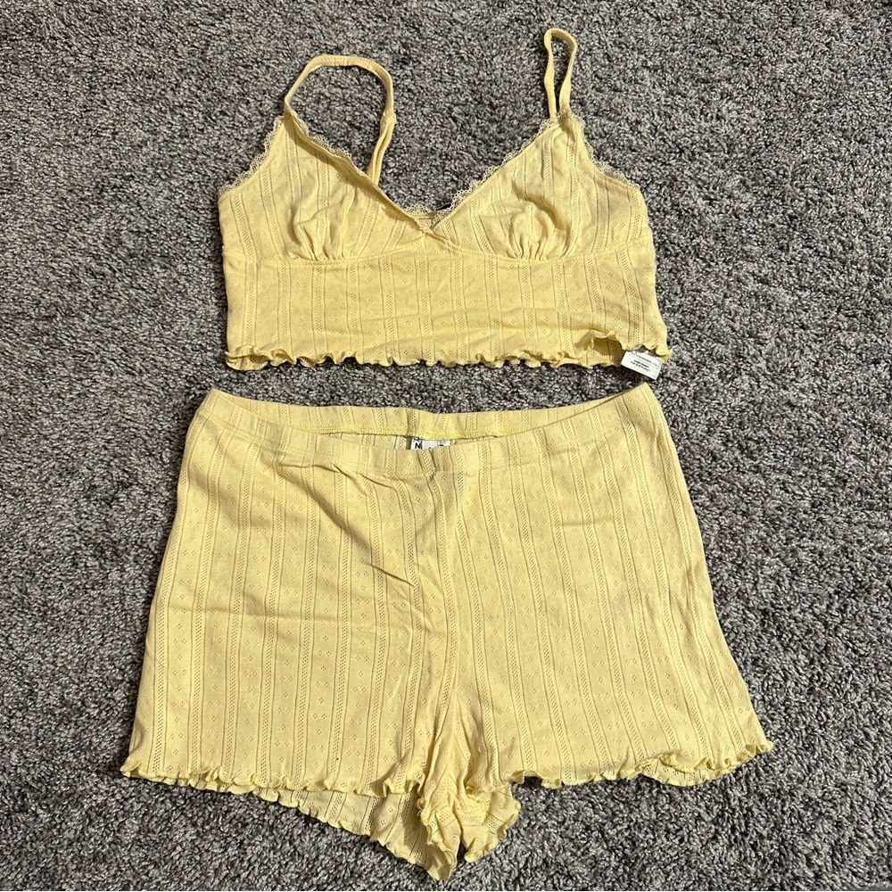 NA-KD Yellow Lounge Set Crop Top Shorts Pajama Lounge Set Ruffle Trim
